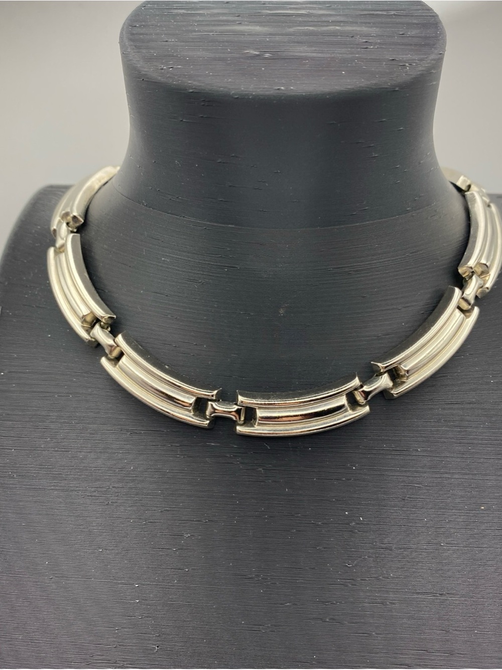 Vintage Signed Schrager Silver Tone Panel Link Choker Necklace 15" MCM